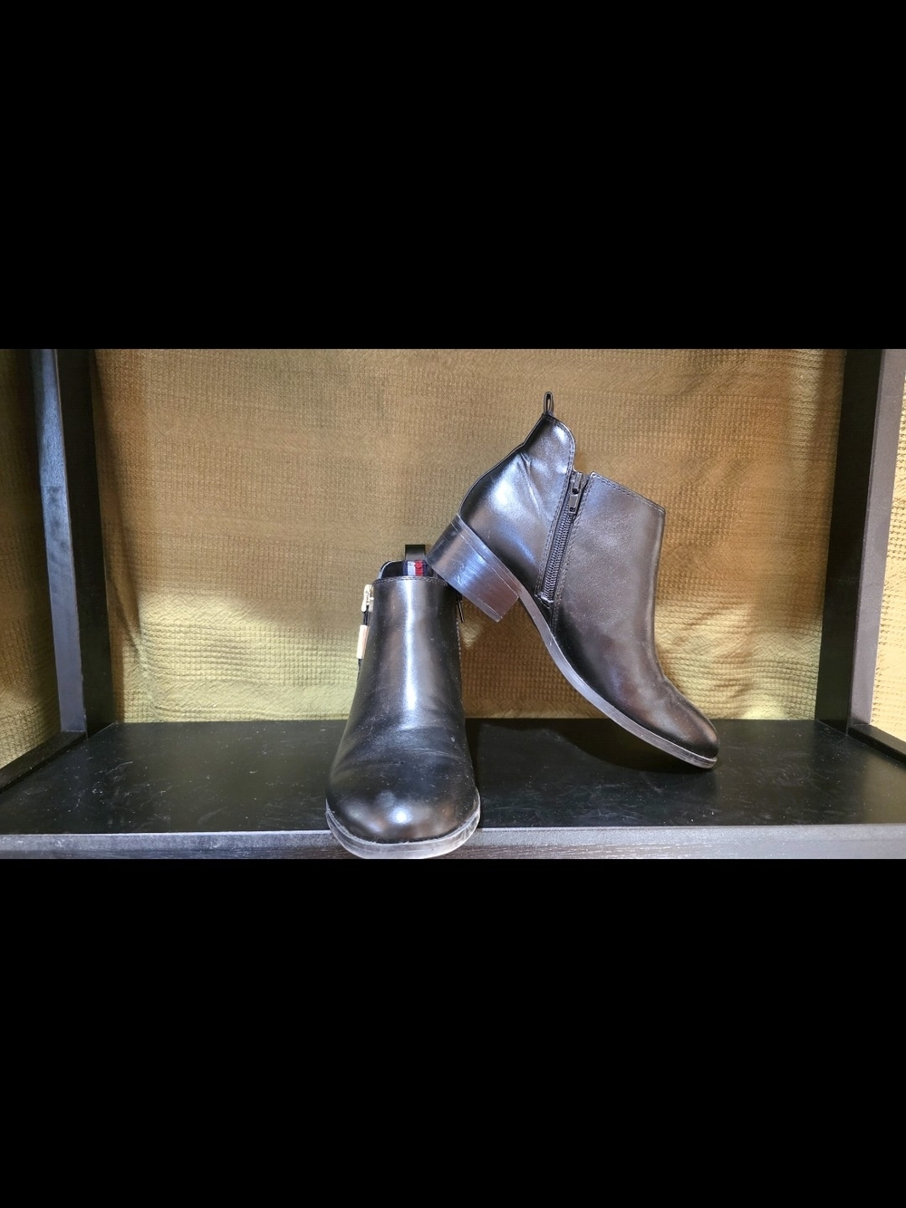 Tommy Hilfiger Black Leather Ankle Booties with Side Zip